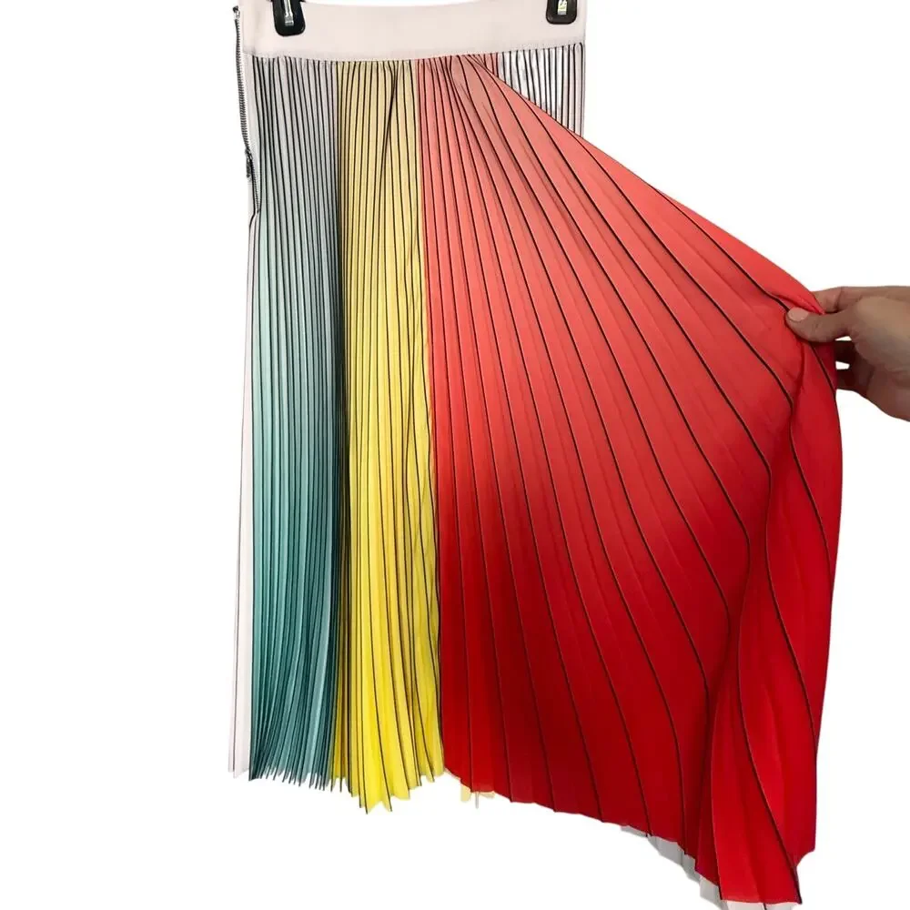 Alice + Olivia Arden Pleated Midi Skirt Multicolor Colorblock Size 4 - Picture 5 of 13